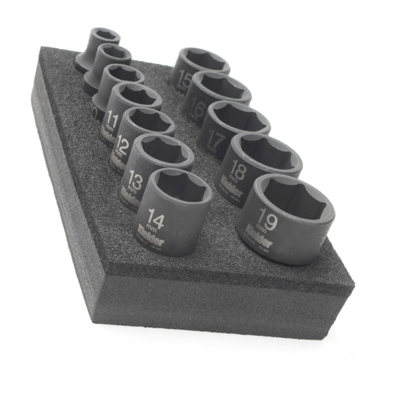 Jogo de soquetes curtos 3/8" KIELDER 12 pçs. métricas (7, 8, 10, 11, 12, 13, 14, 15, 16, 17, 18 e 19 mm)Array