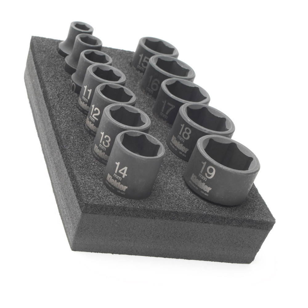 Jogo de soquetes curtos 3/8" KIELDER 12 pçs. métricas (7, 8, 10, 11, 12, 13, 14, 15, 16, 17, 18 e 19 mm)Array