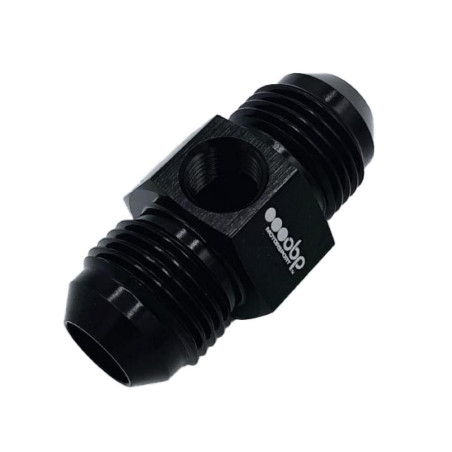 Adaptador OBP macho/macho JIC-JIC con salida para manómetro 1/8NPT en aluminio negro
