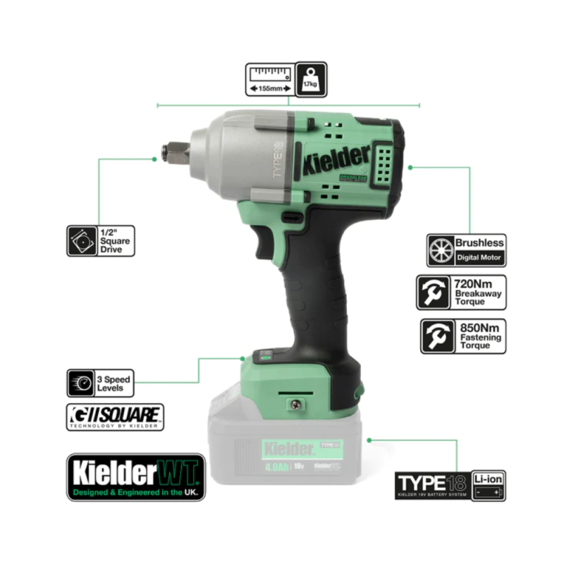 Pistola de impacto KIELDER 1/2" 720Nm 18V (sem bateria)Array