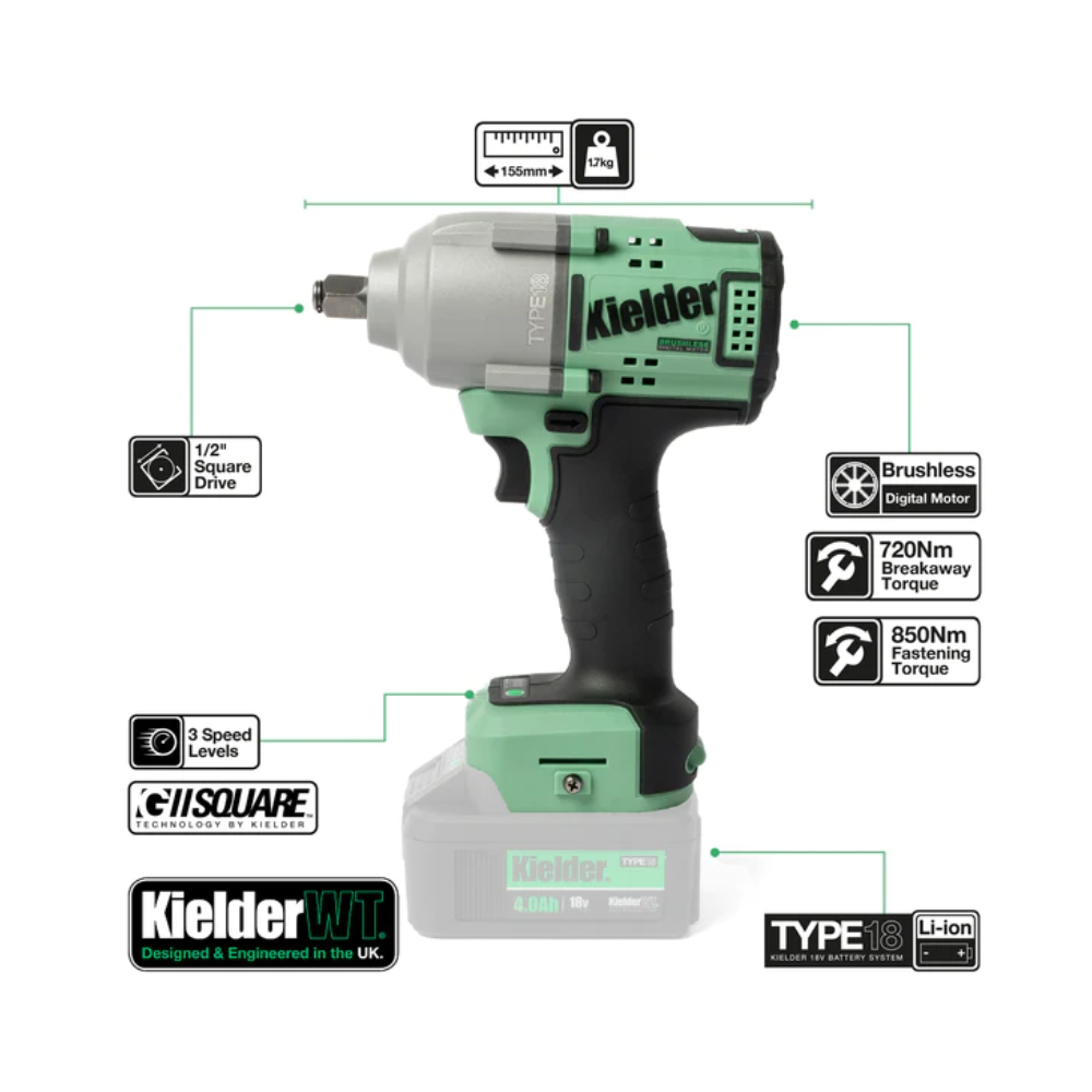 Pistola de impacto KIELDER 1/2" 720Nm 18V (sin batería)Array