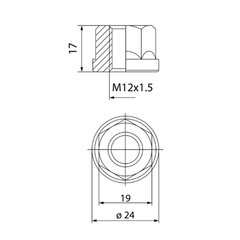 Porca aberta plana 12x150 chave 19 Ø24 L17mm zincadaArray