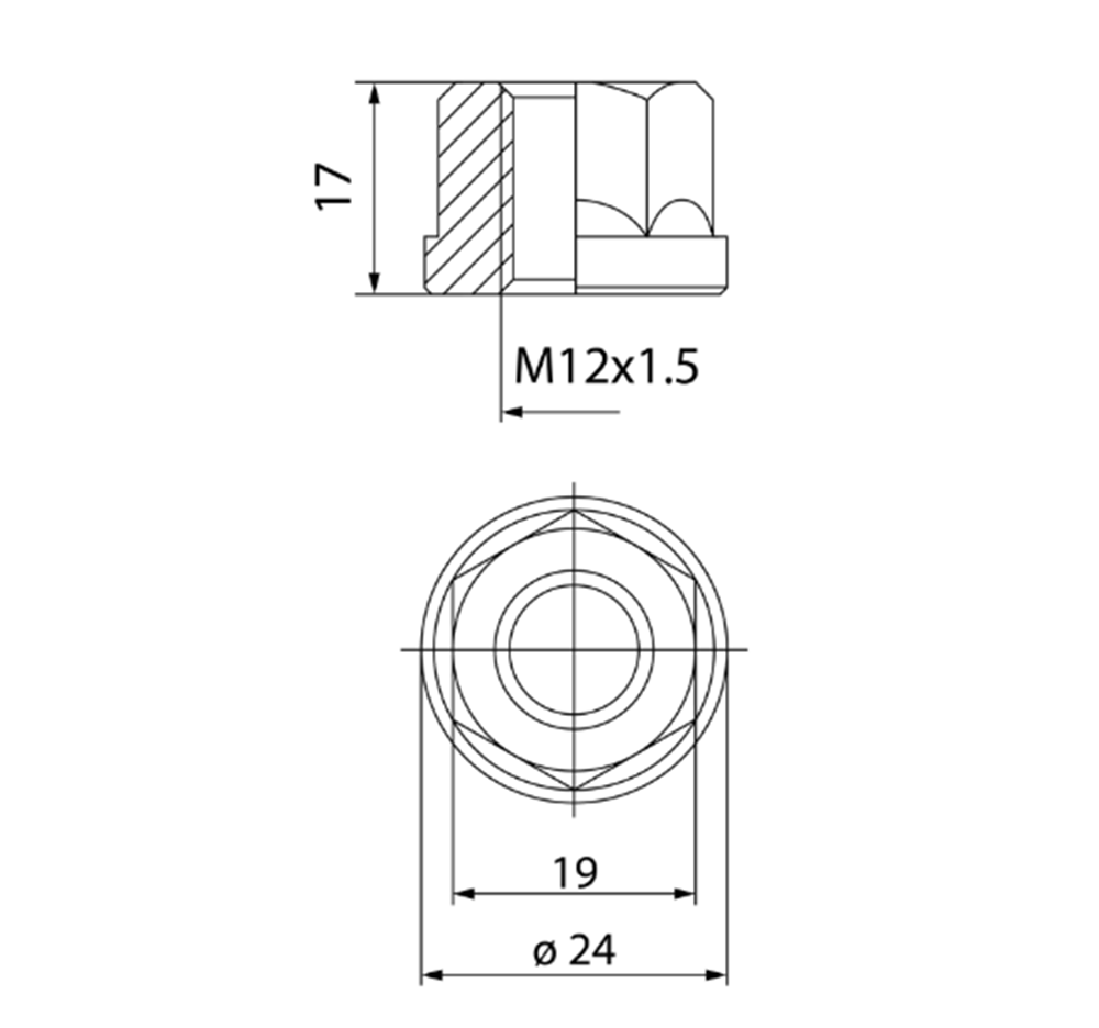 Porca aberta plana 12x150 chave 19 Ø24 L17mm zincadaArray