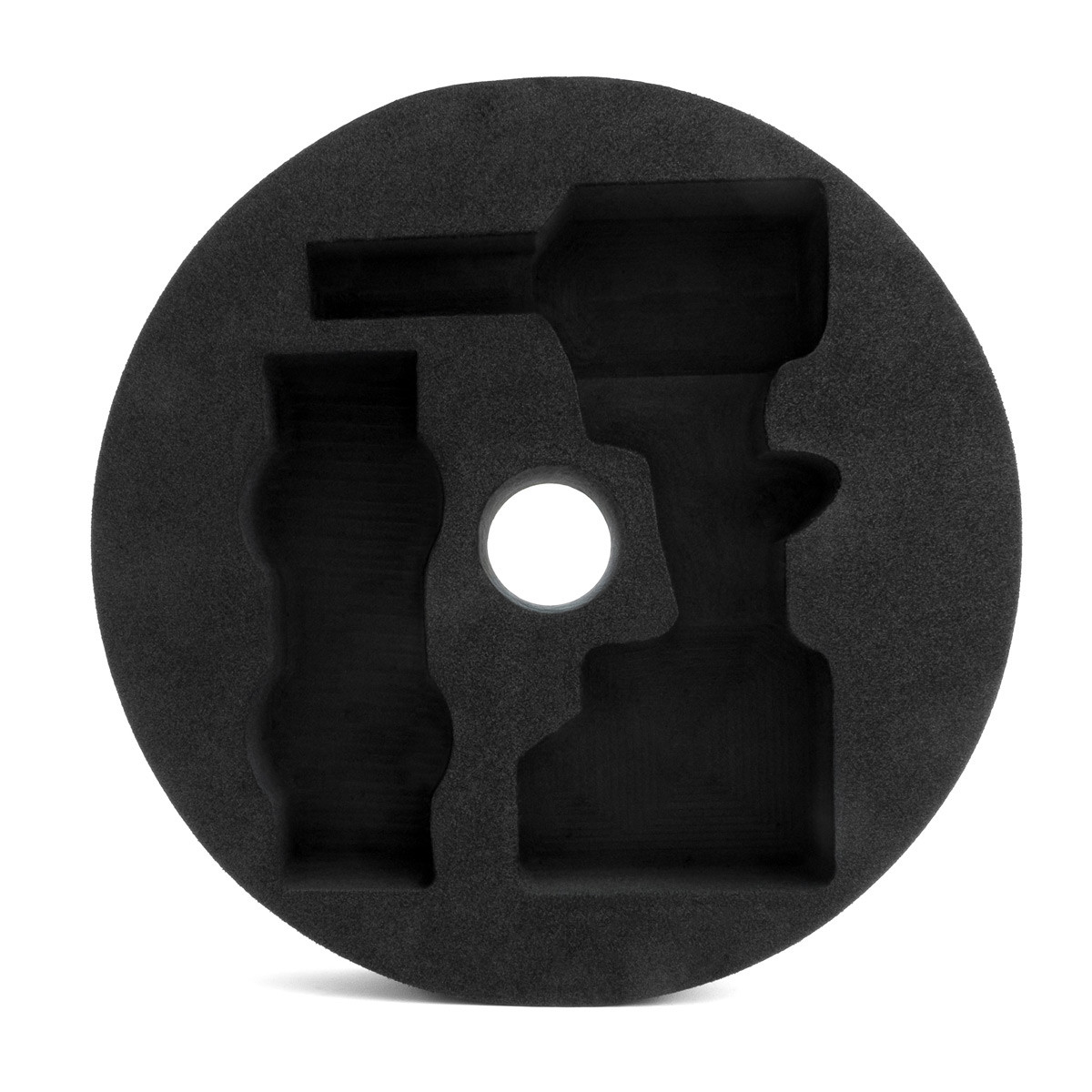 Espuma Kielder® para o espaço da roda sobresselente com recorte para a cinta de reboque e orifício central.Array