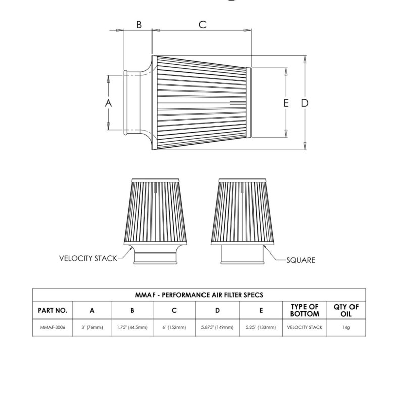Filtro de aire universal MISHIMOTO Fijar Ø76 mm longitud 153 mmArray
