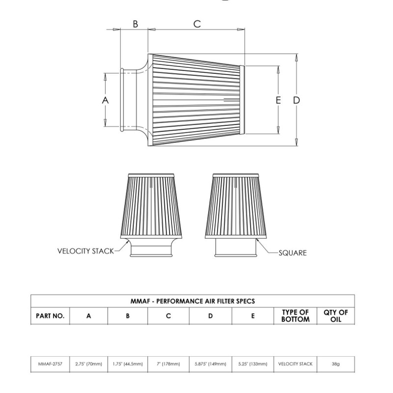 Filtro de ar universal MISHIMOTO Fixação Ø70 mm, comprimento 178 mmArray