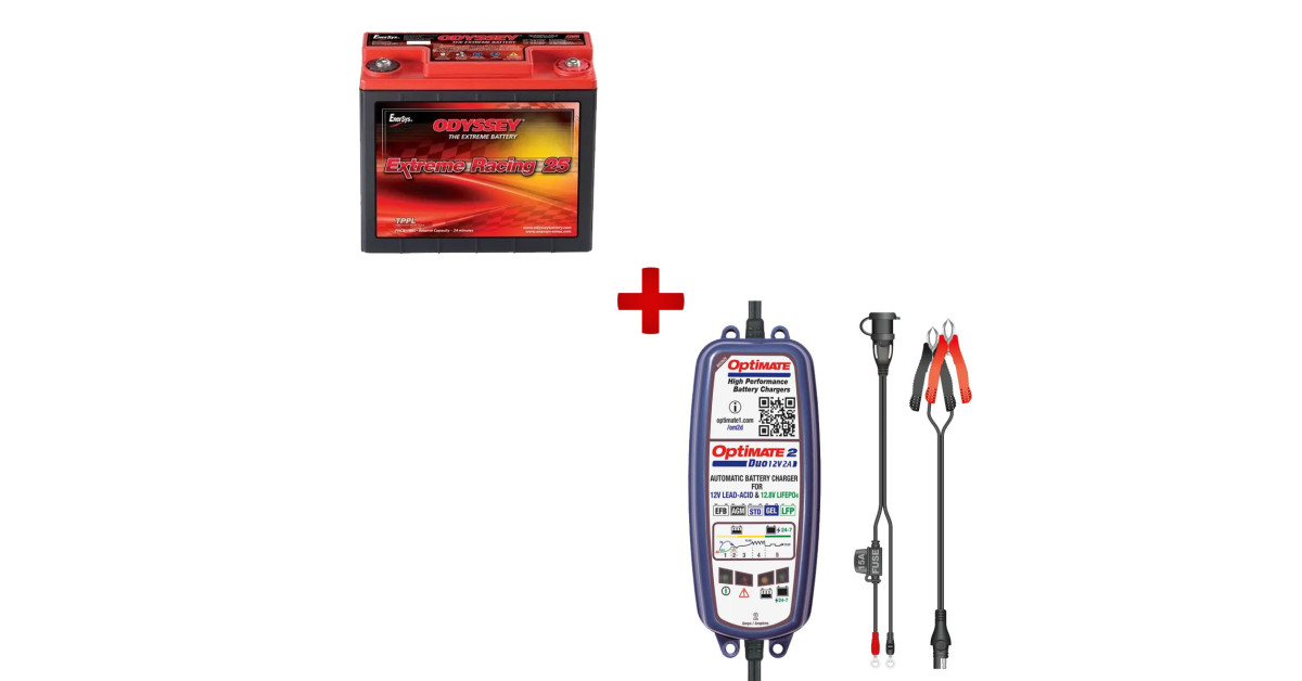 Pack de batería Odyssey Extreme Racing 25 + cargador de baterías Optimate 2 Duo