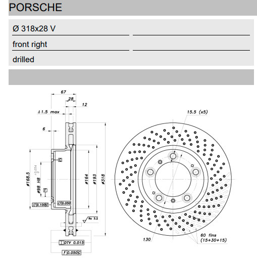 Disco del freno GT2i Grupo N delantero derecho Porsche Boxster 911 perforado 318 x 28 mmArray