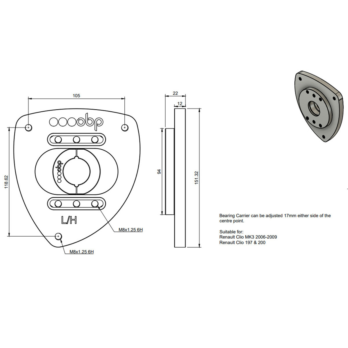 Juego de copelas ajustables OBP para Renault Clio 3 RS 197/200 hasta mayo de 2010Array
