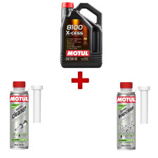 Pacote de manutenção Motul: óleo do motor sintético 5W40 e aditivos para gasolina, para uso profissional