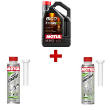 Pack de mantenimiento para motores de gasolina Motul: aceite 5W30 de alto rendimiento + aditivos para la inyección