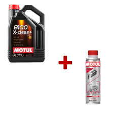 Pack de cambio de aceite de motor MOTUL: aceite 8100 X-CLEAN+ 5W30 5 l + limpiador Engine Flush 300 ml