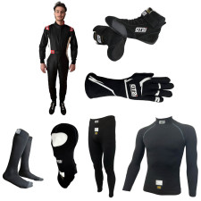 Pack completo para piloto GT2i FIA: mono fia, botines fia, guantes fia, sotocasco fia y ropa interior fia conformes con la norma