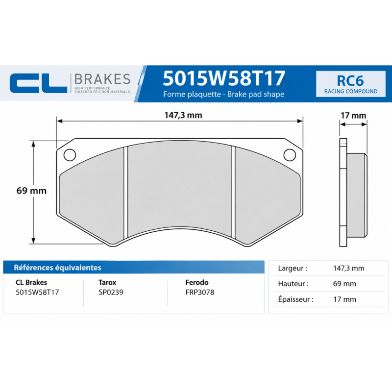Pastillas CL Brakes RC6 Tarox B32 SP0239 5015W58T17RC6Array