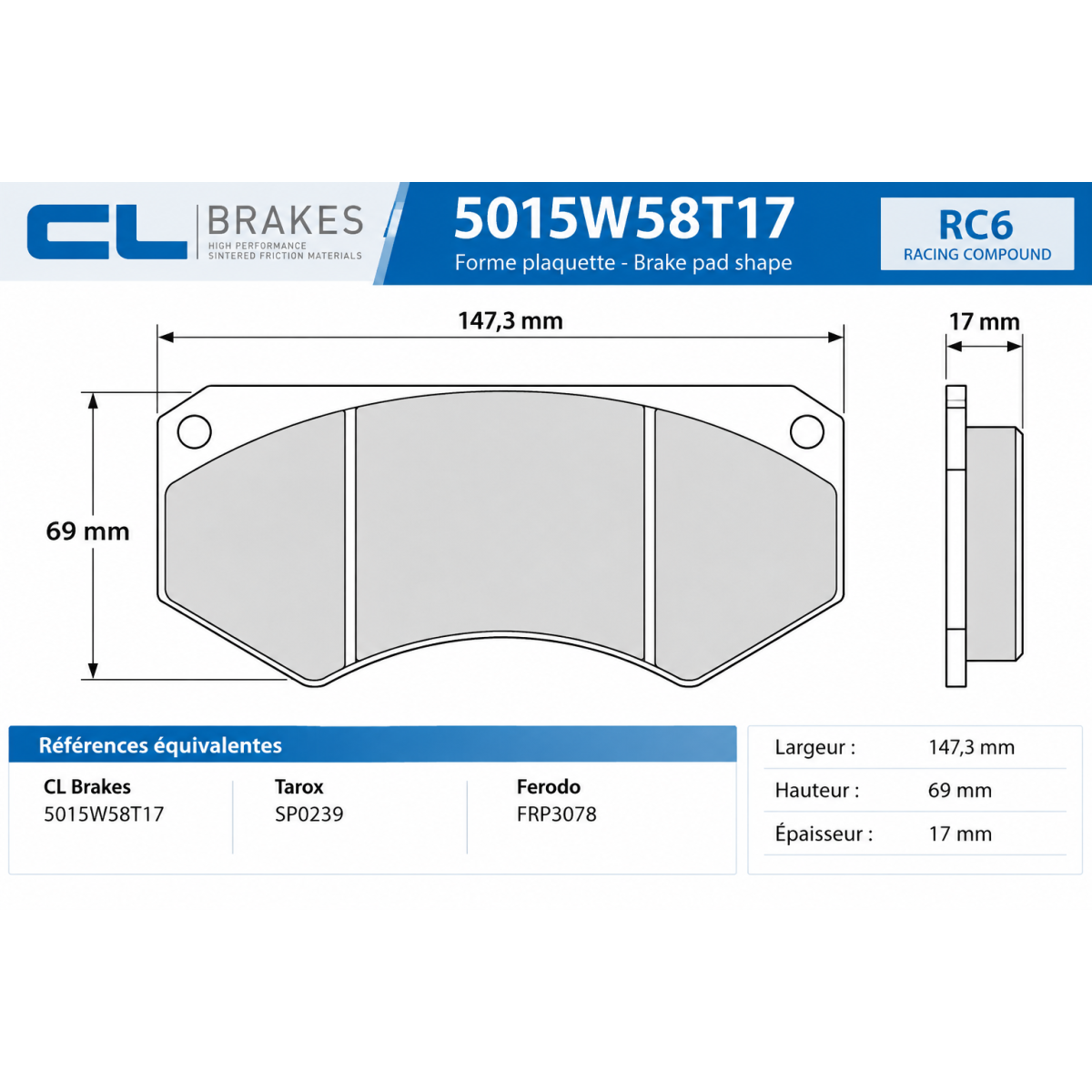 Pastillas CL Brakes RC6 Tarox B32 SP0239 5015W58T17RC6Array
